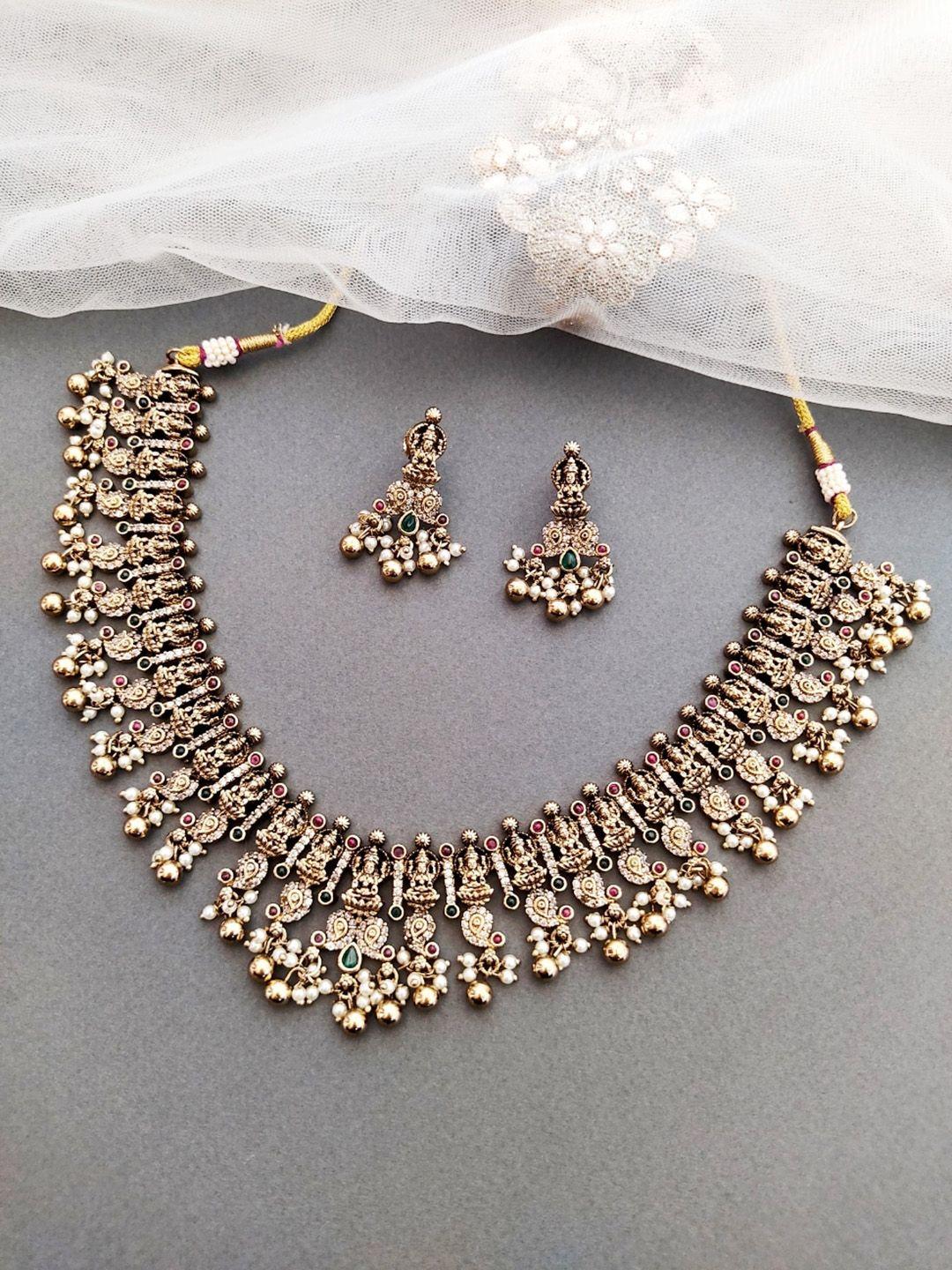 pihtara jewels oxidized silver-plated ad-studded & beaded temple jewellery set