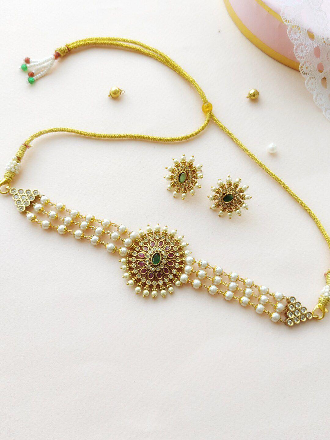 pihtara jewels gold-plated pearl beaded & stone-studded mini choker jewellery set