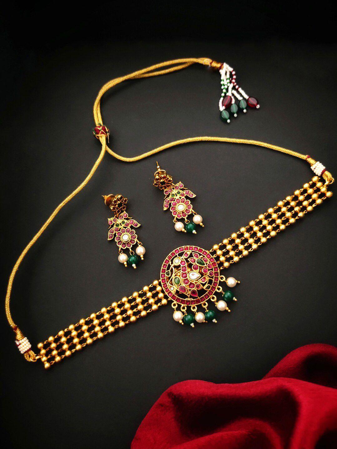 pihtara jewels gold-plated stone-studded & beaded jewellery set