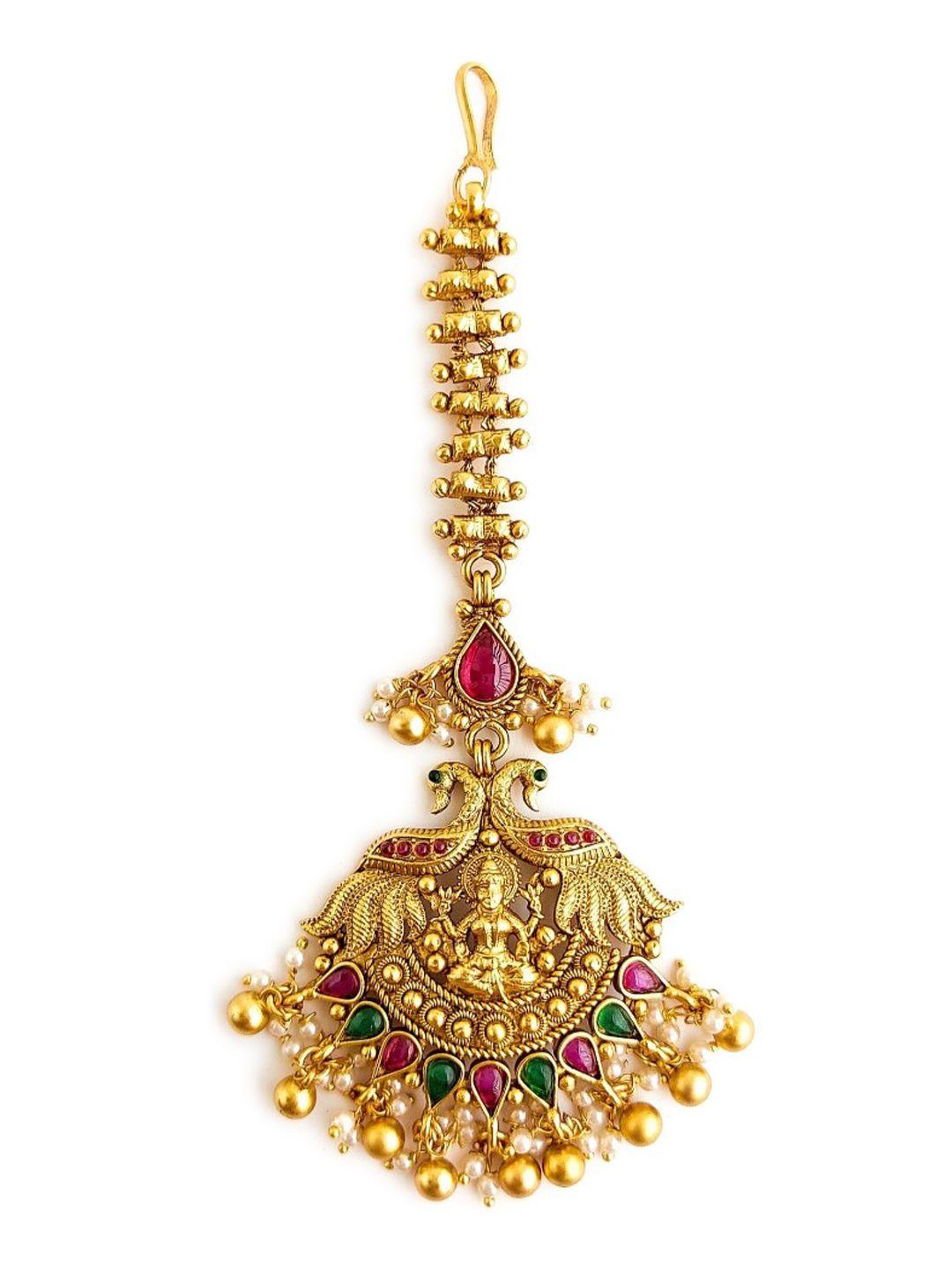 pihtara jewels gold-plated stone studded & pearl beaded maang tika