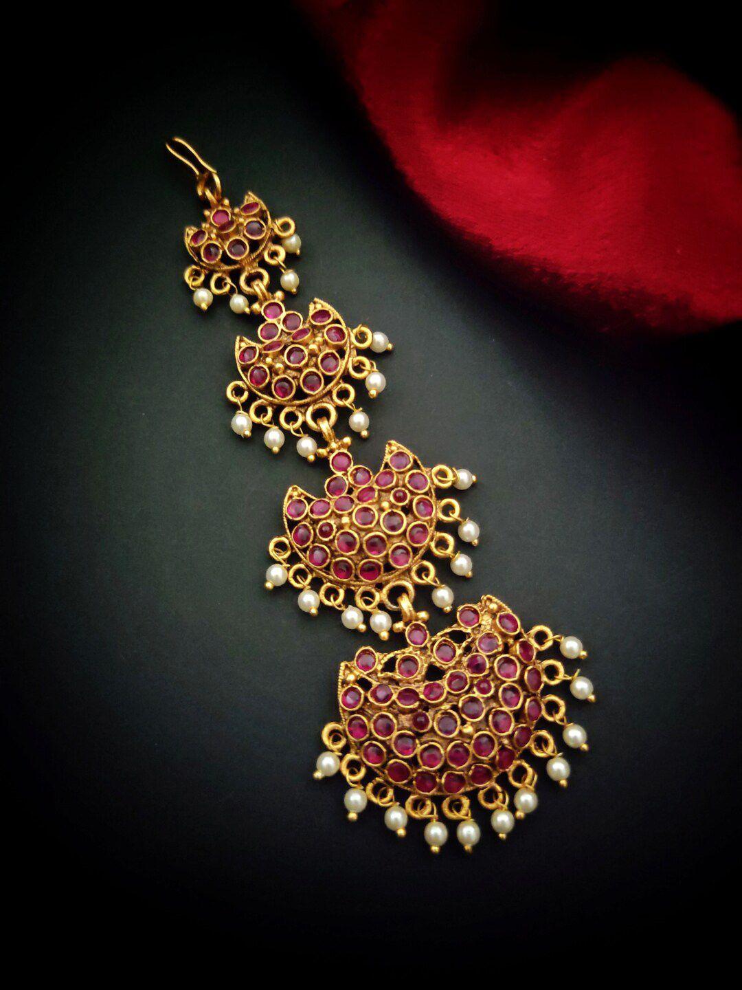 pihtara jewels gold-plated stone-studded & pearl beaded maang tikka