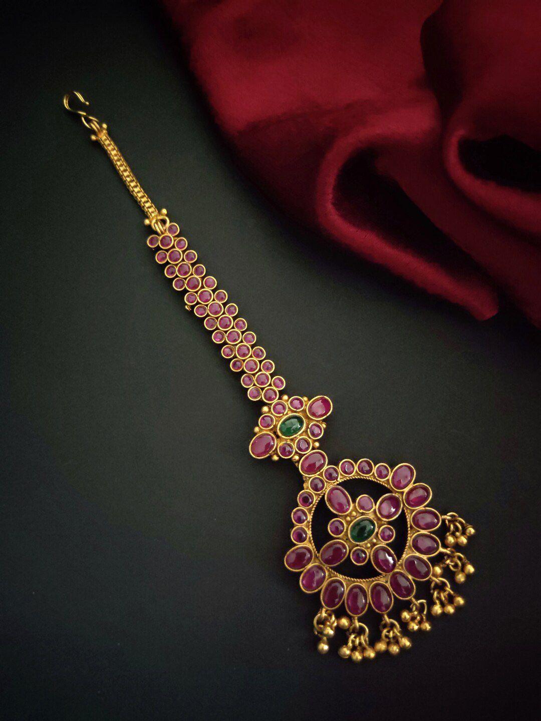 pihtara jewels gold-plated stone-studded & pearl beaded maang tikka