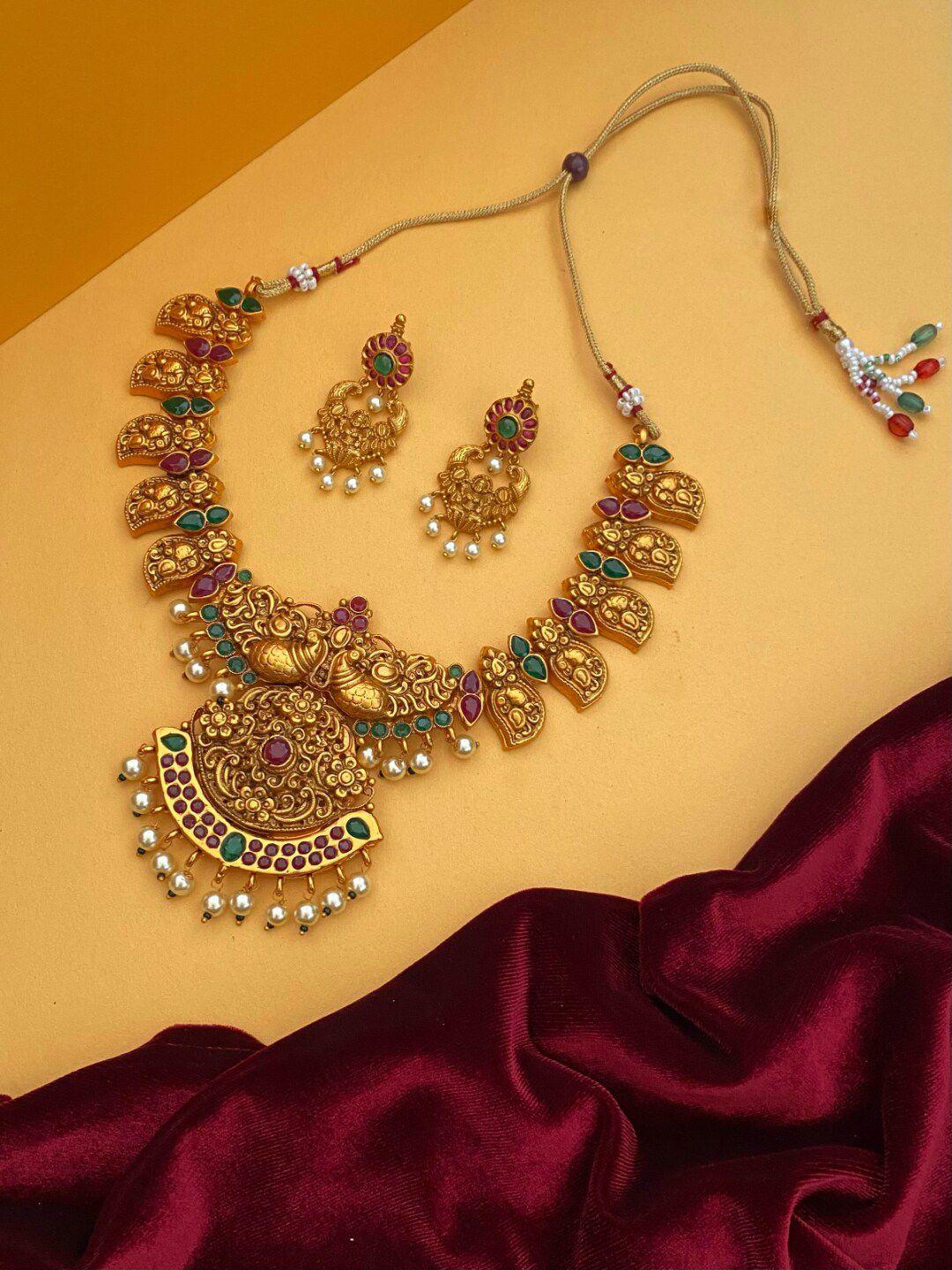 pihtara jewels gold-plated stone-studded & pearl beaded temple jewellery set