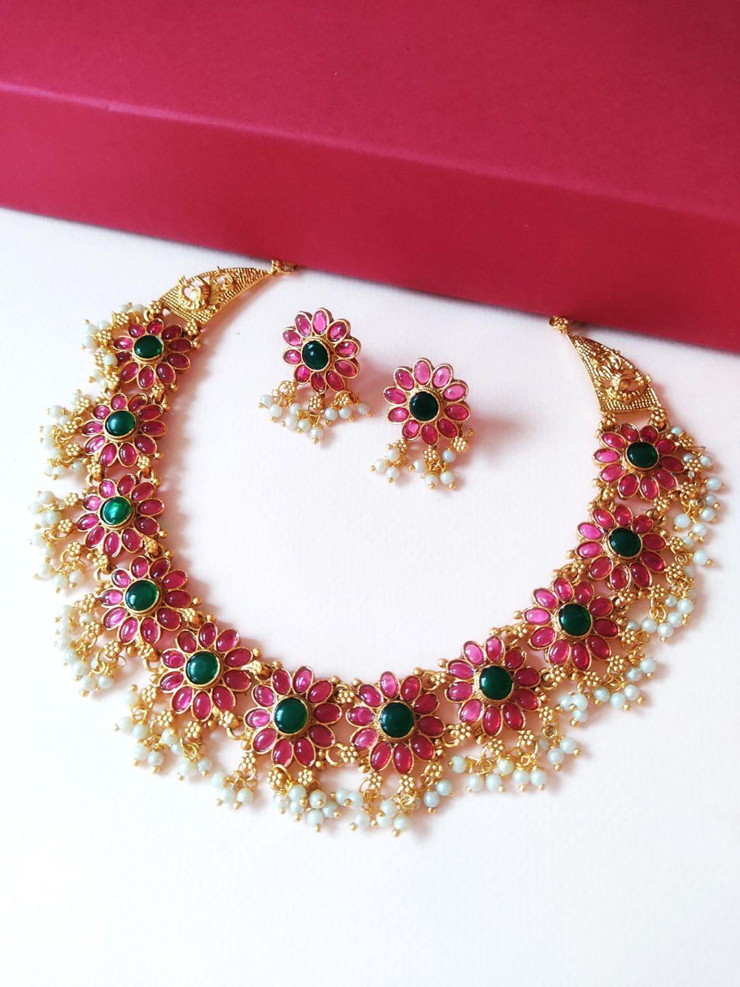 pihtara jewels gold-plated stone-studded  & beaded jewellery set