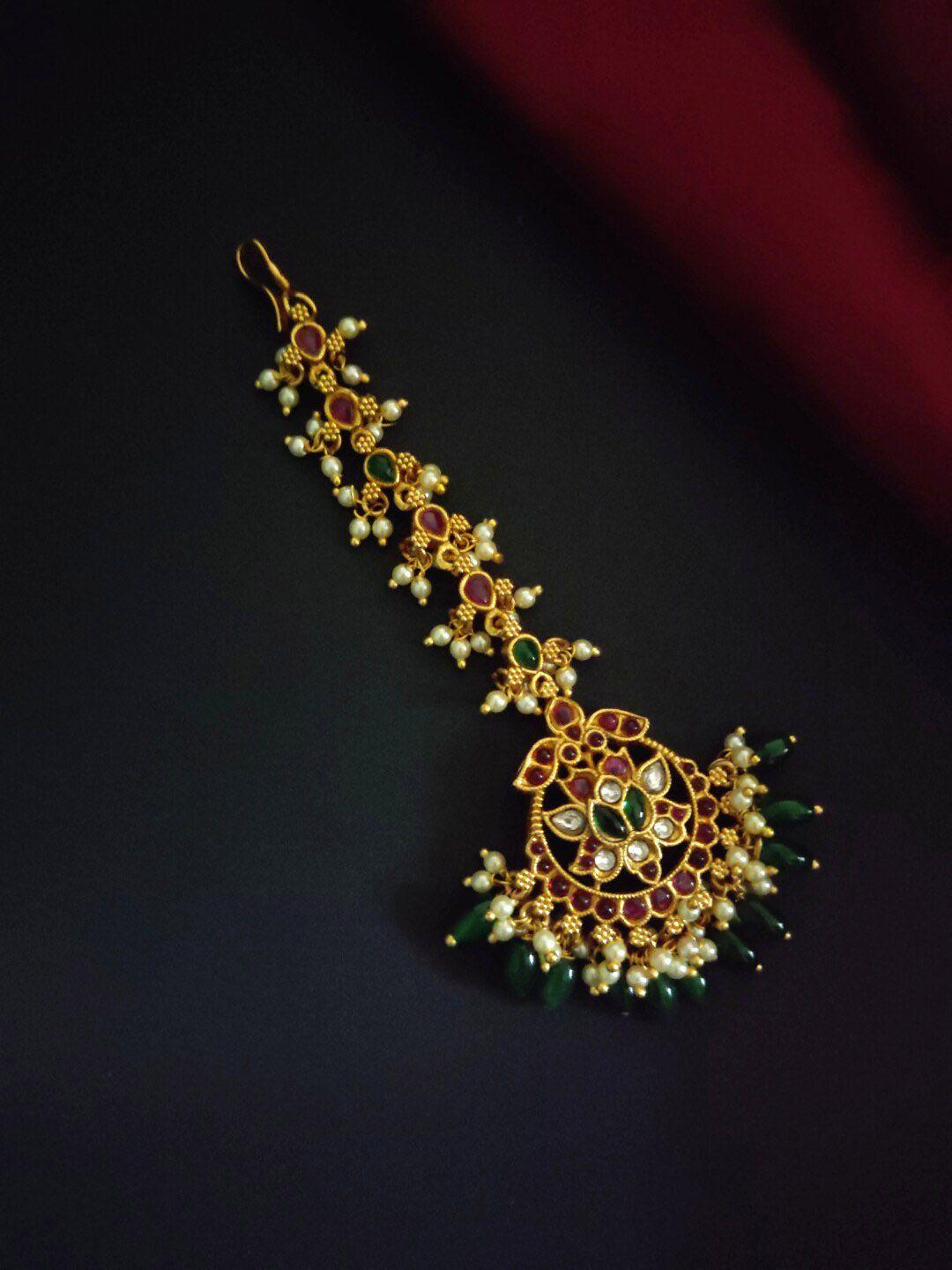 pihtara jewels gold-plated stone-studded  & beaded traditional copper maang tikka