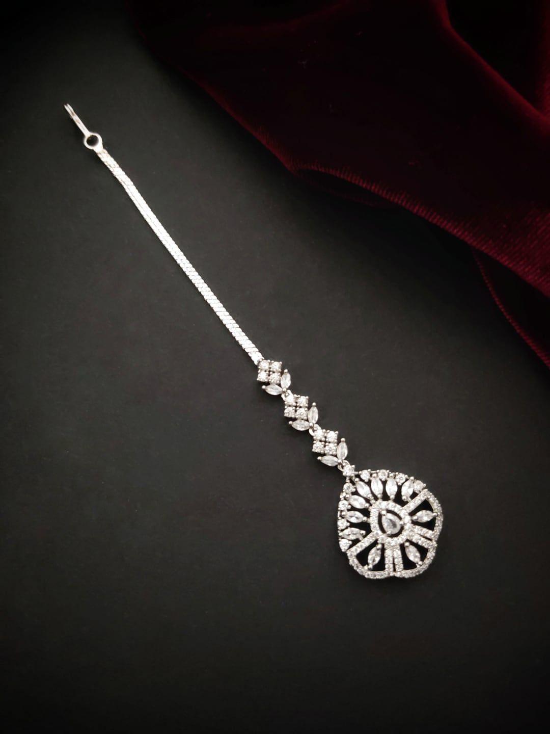 pihtara jewels silver-plated american diamond stone-studded maang tikka