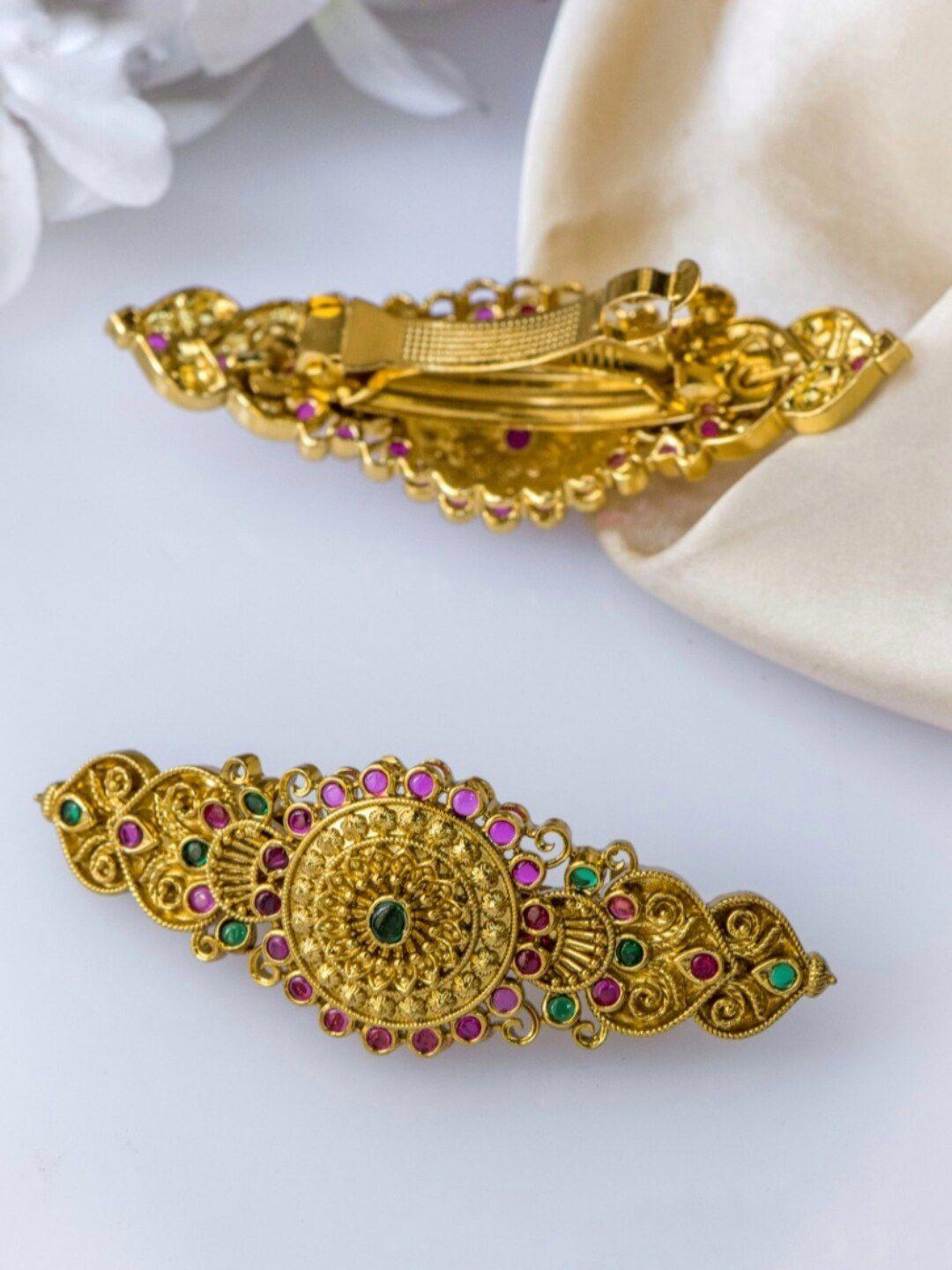 pihtara jewels women gold-toned & green embellished french barrette