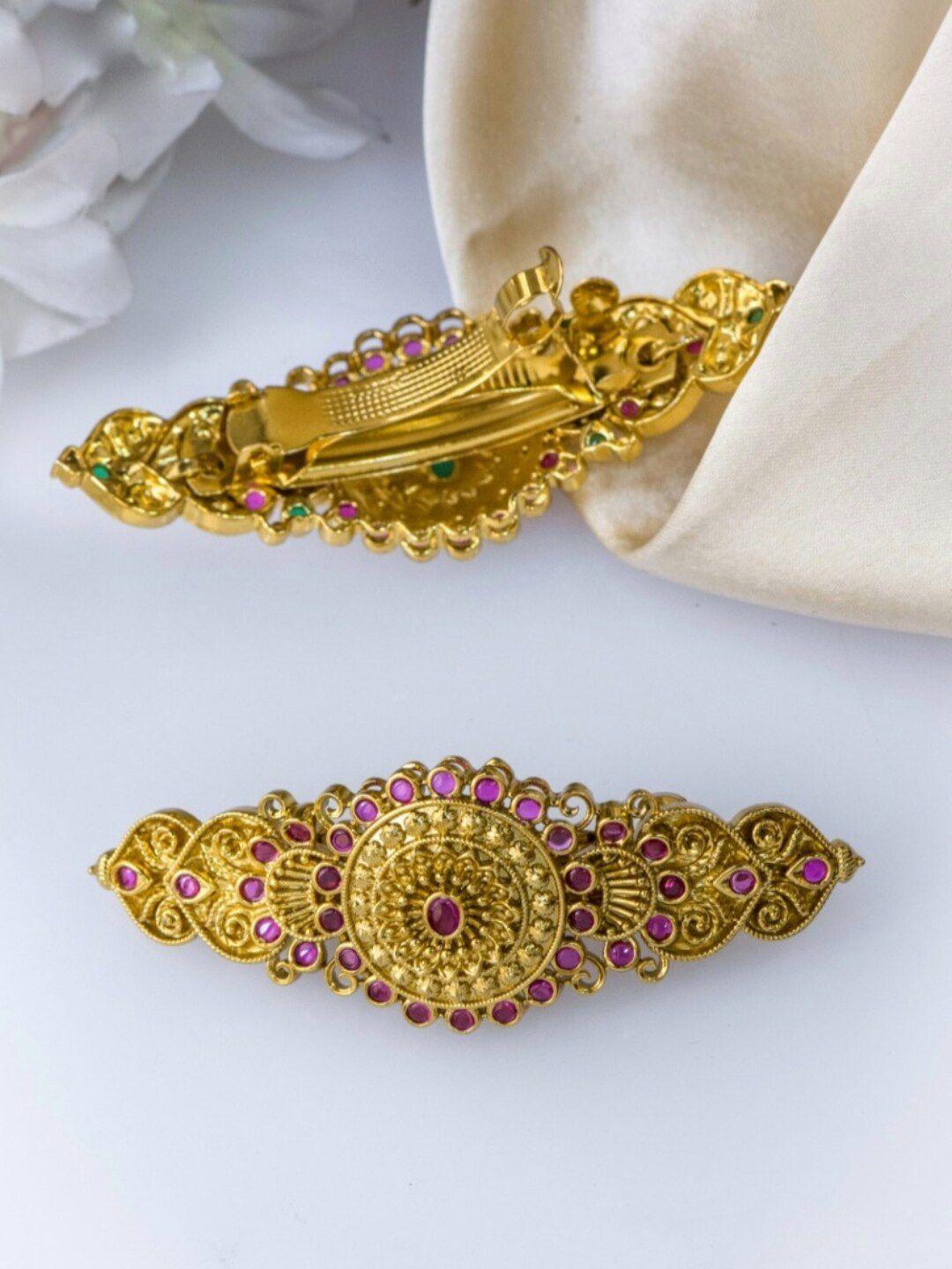 pihtara jewels women gold-toned & pink embellished french barrette