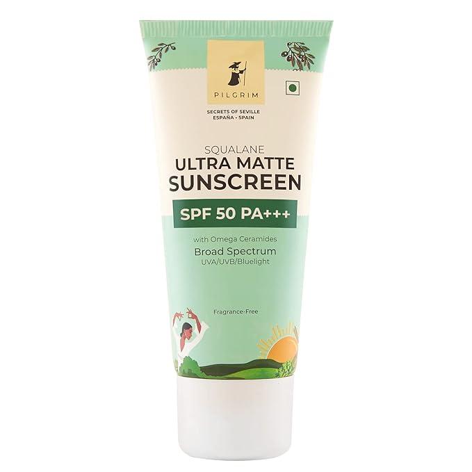 pilgrim squalane ultra matte cream sunscreen spf 50 pa+++ for unisex with omega ceramides & vitamin e, broad spectrum, non-greasy, no white cast for all skin types, 50g