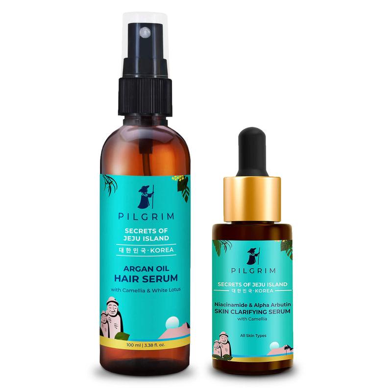 pilgrim good skin & hair day combo niacinamide & alpha arbutin serum + argan oil hair serum