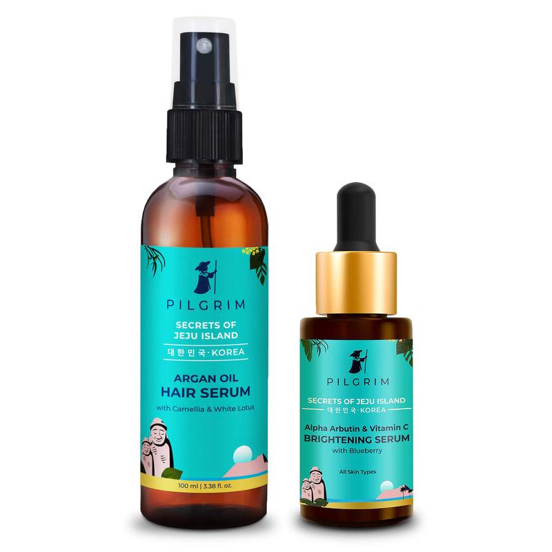 pilgrim skin & hair combo alpha arbutin & vitamin c brightening serum + argan oil hair serum