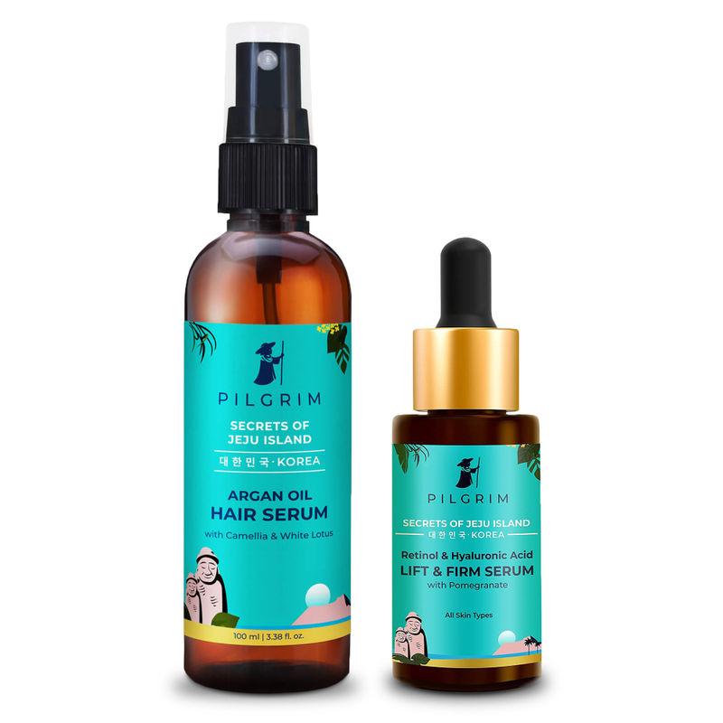 pilgrim skin & hair combo retinol & hyaluronic acid lift & firm serum + argan oil hair serum