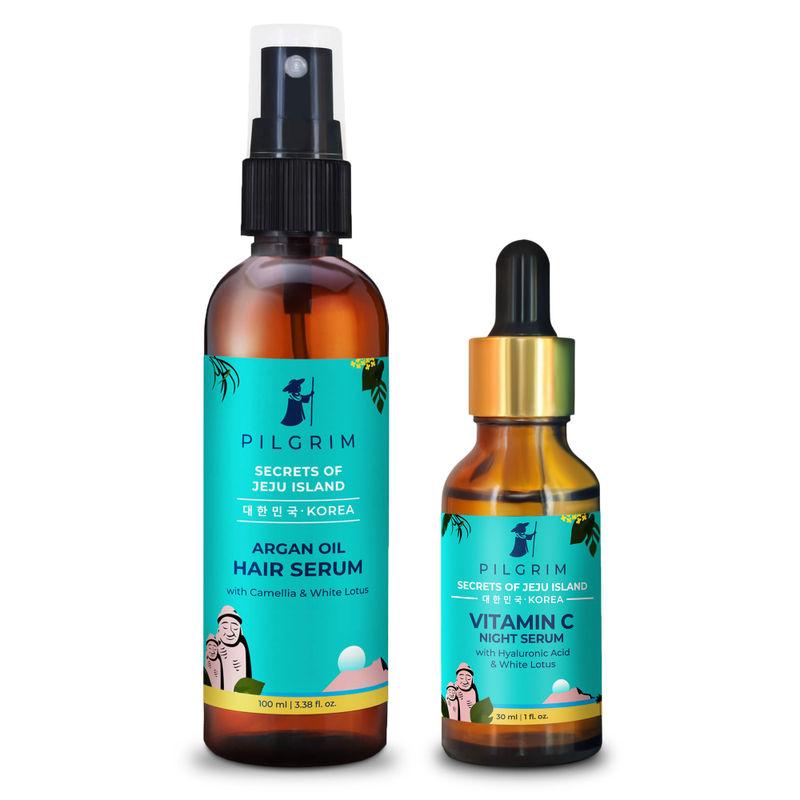 pilgrim skin & hair revitalizing serum combo vitamin c night serum + argan oil hair serum