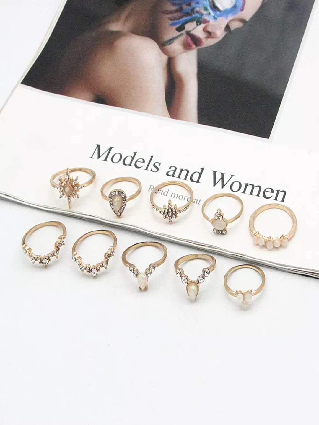 pinapes set of 10 gold-plated oxidized  stone studded adjustable finger rings