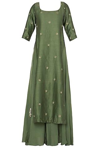 pine green crepe embroidered tunic set for girls