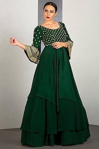 pine green layered gown with pipework