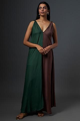 pine green & wooden brown color blocked dress
