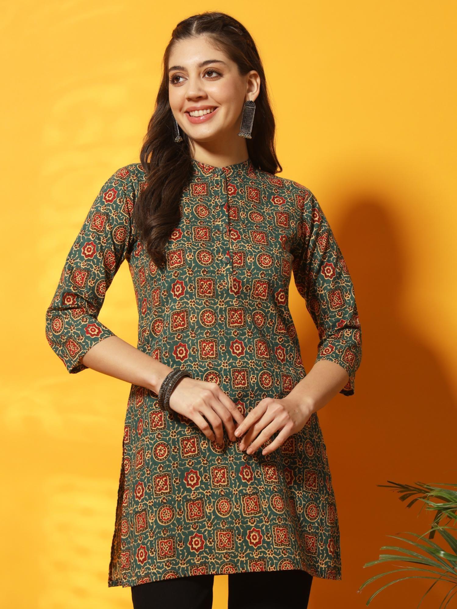 pine green and red ajarakh printed tunic