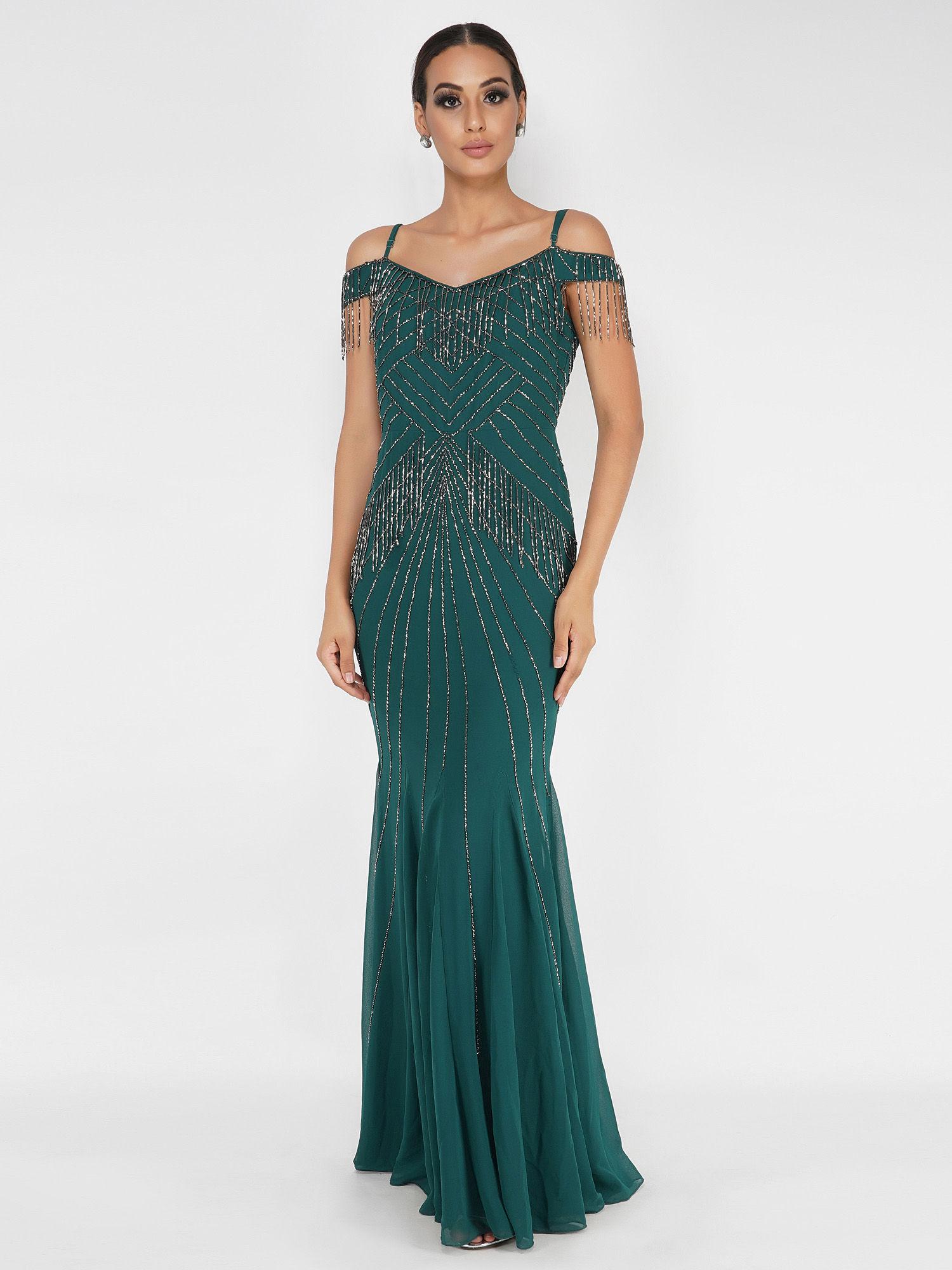 pine green beaded gown