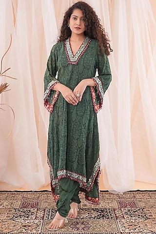 pine green georgette & banarasi brocade mirror embroidered kurta set