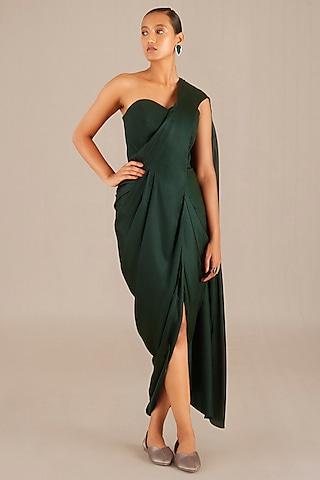 pine green viscose pre-draped saree