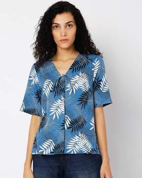 pine tropical print top with neck tie-up