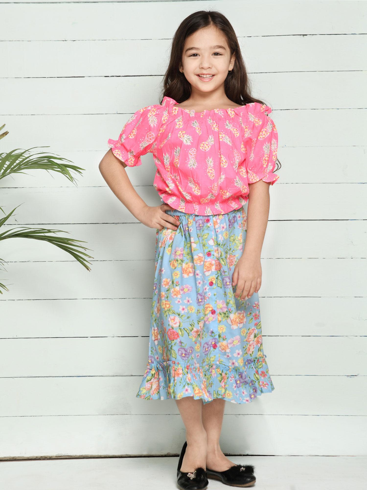 pineapple print bardot top with floral skirt set