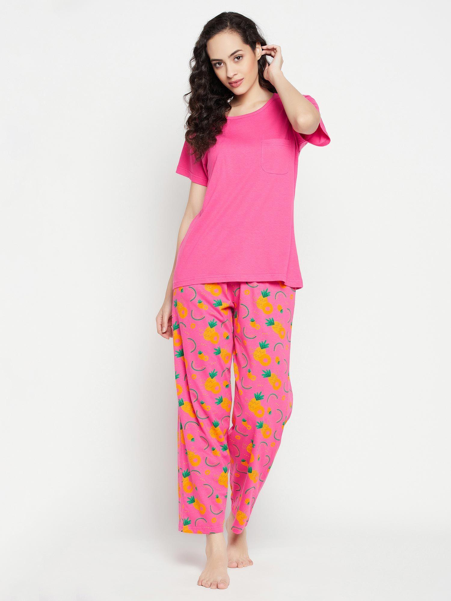 pineapple print pyjama & top- 100 percent cotton-pink pink (set of 2)