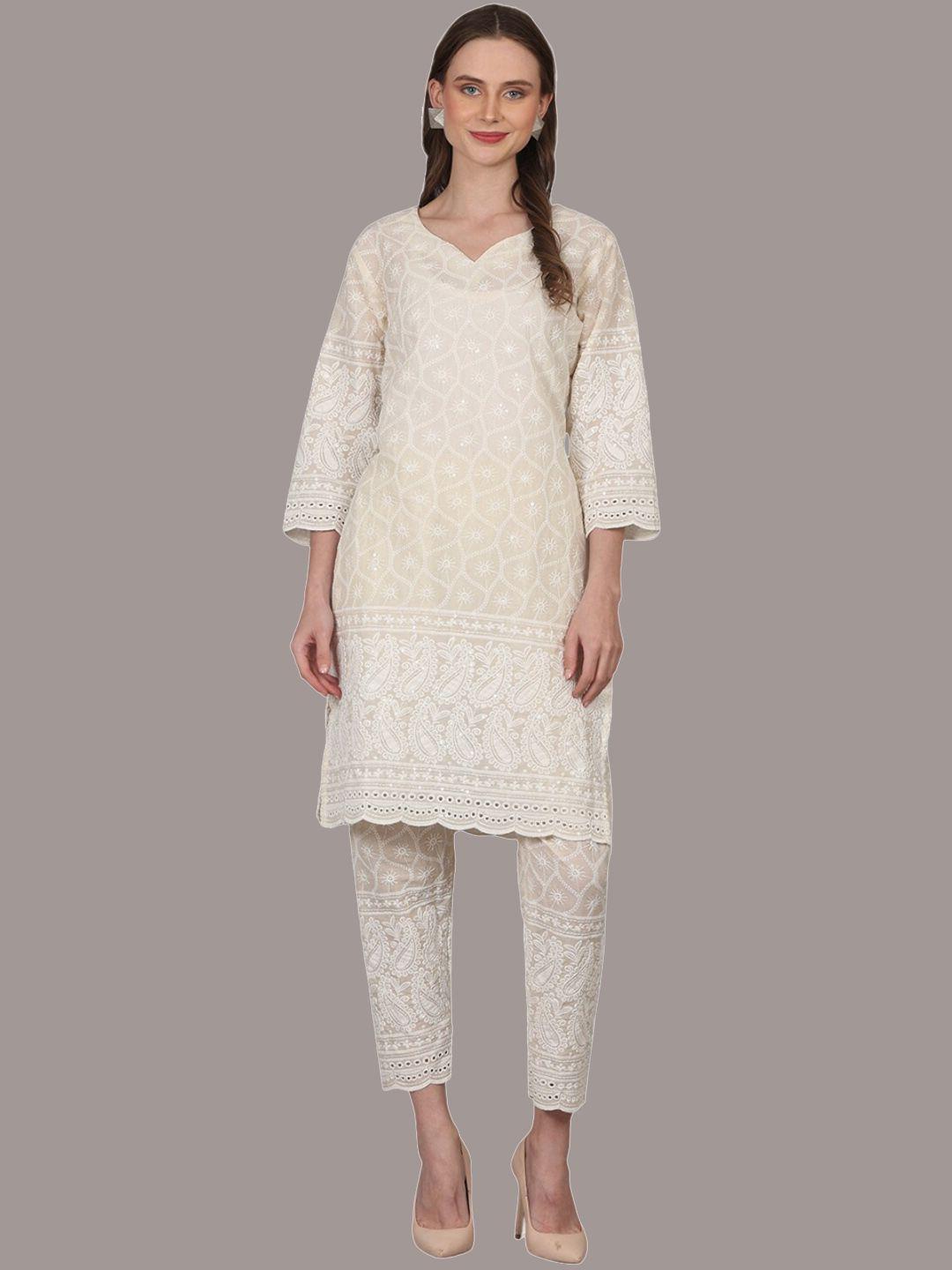 pinfit ethnic motifs embroidered v-neck chikankari pure cotton kurta with trousers