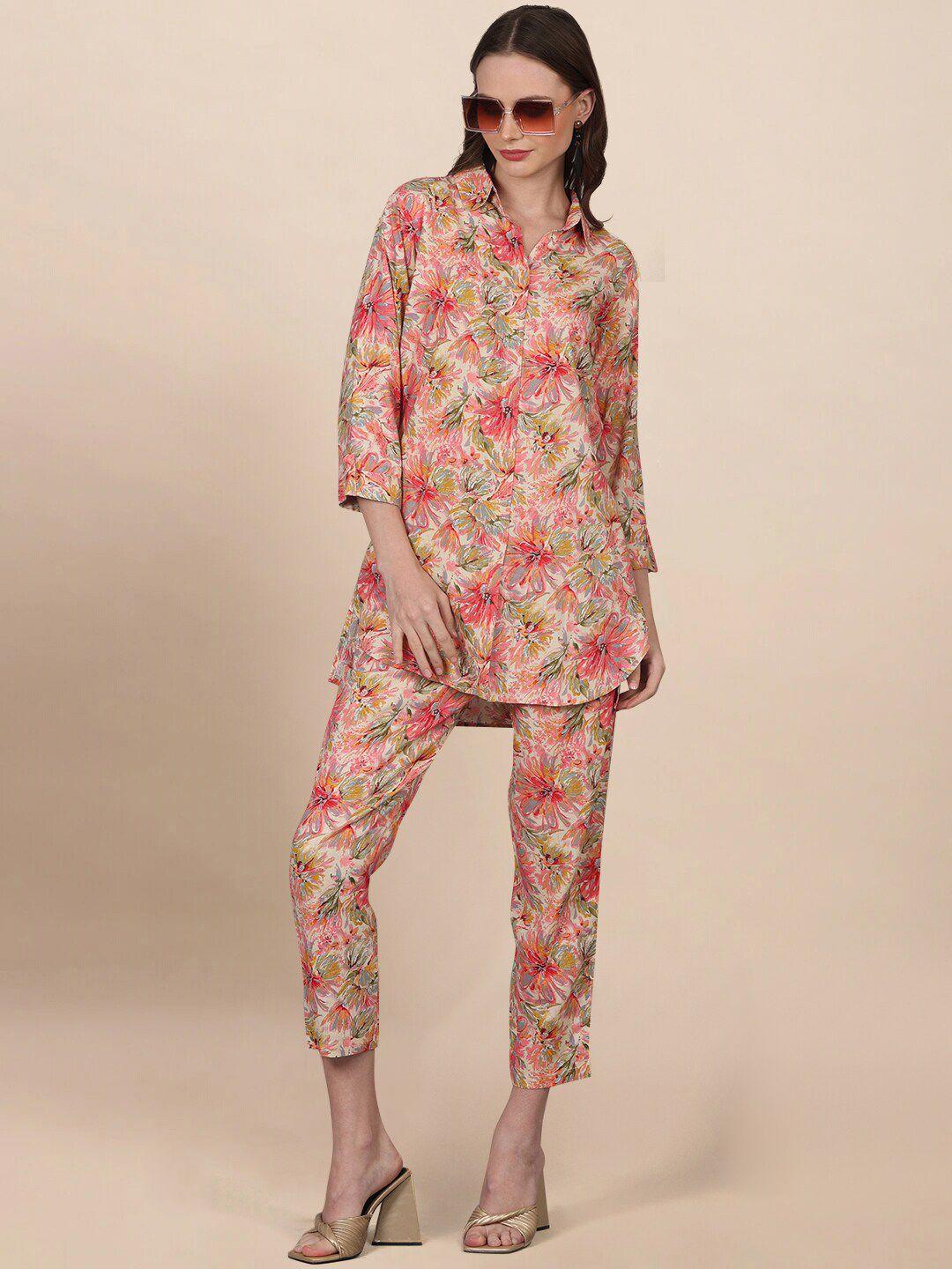 pinfit floral printed straight kurti with trousers