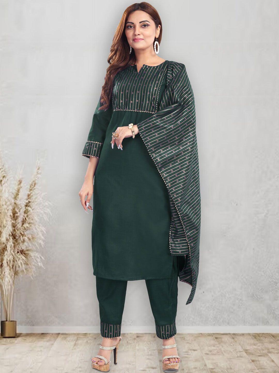 pinfit women green regular patchwork kurta with palazzos & with dupatta