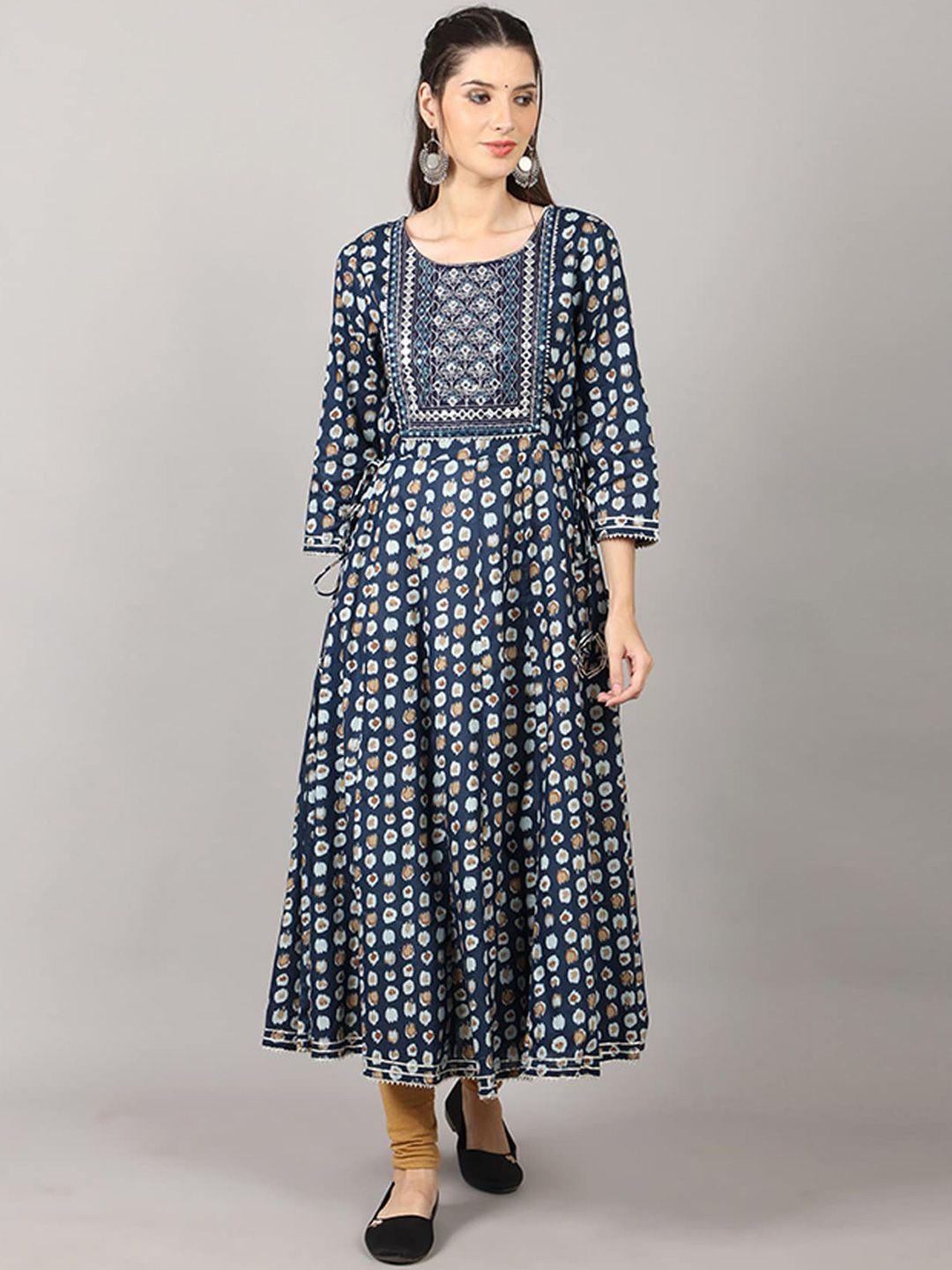 pinfit abstract printed mirror work cotton anarkali kurta