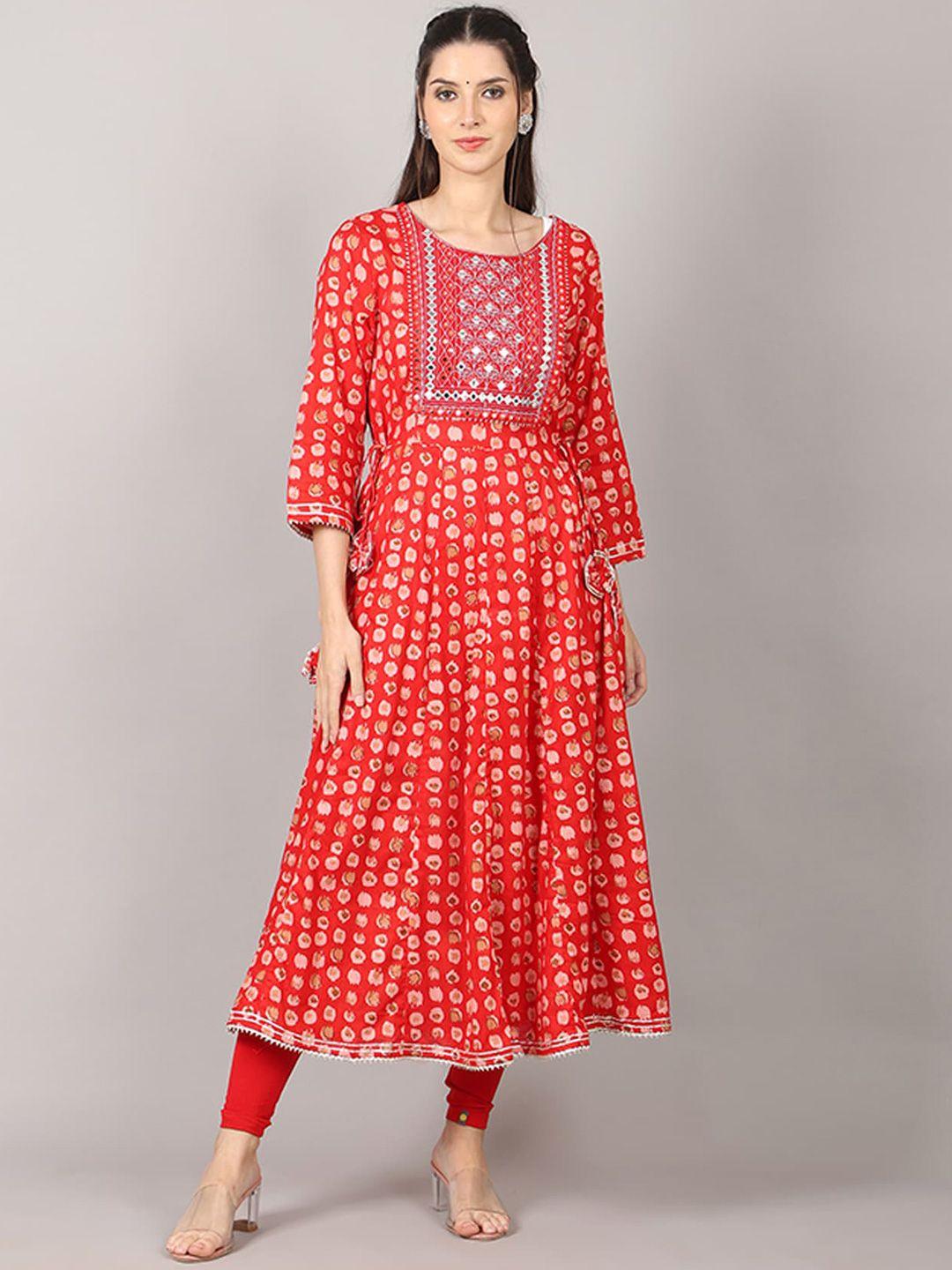 pinfit abstract printed mirror work cotton anarkali kurta