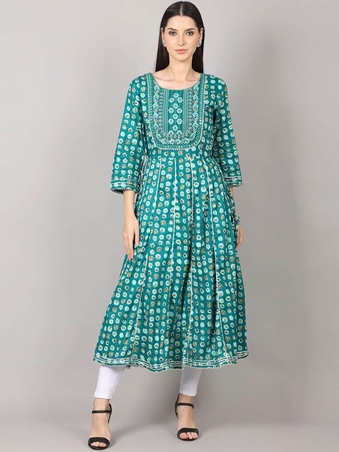 pinfit ethnic motifs embroidered mirror work pure cotton a line kurta