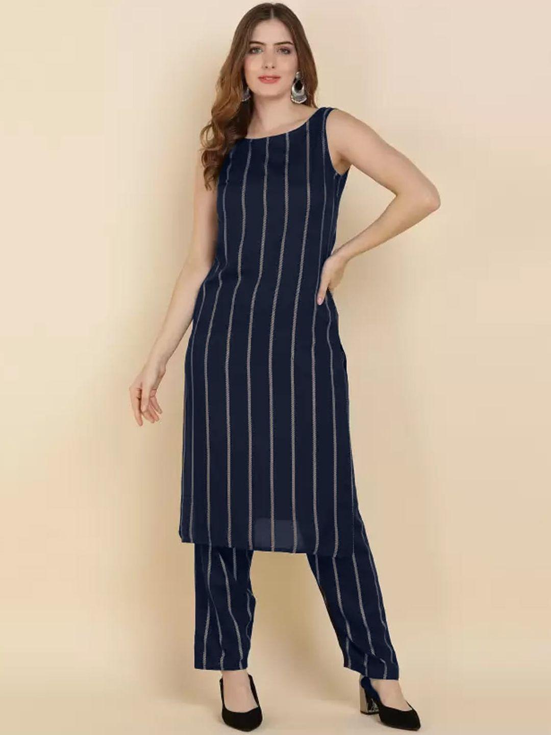 pinfit women blue striped regular kurta with trousers