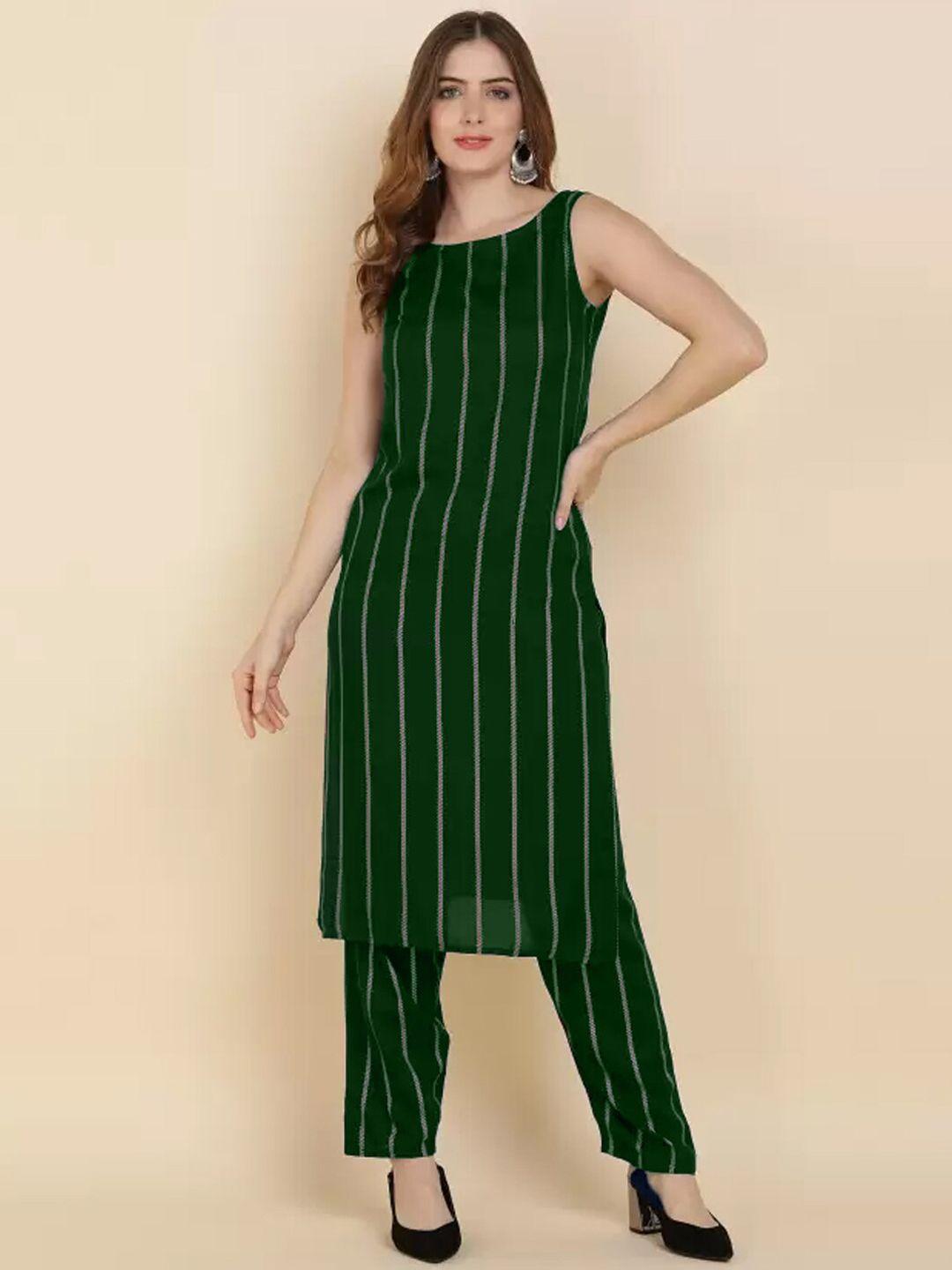 pinfit women green striped regular kurta with palazzos