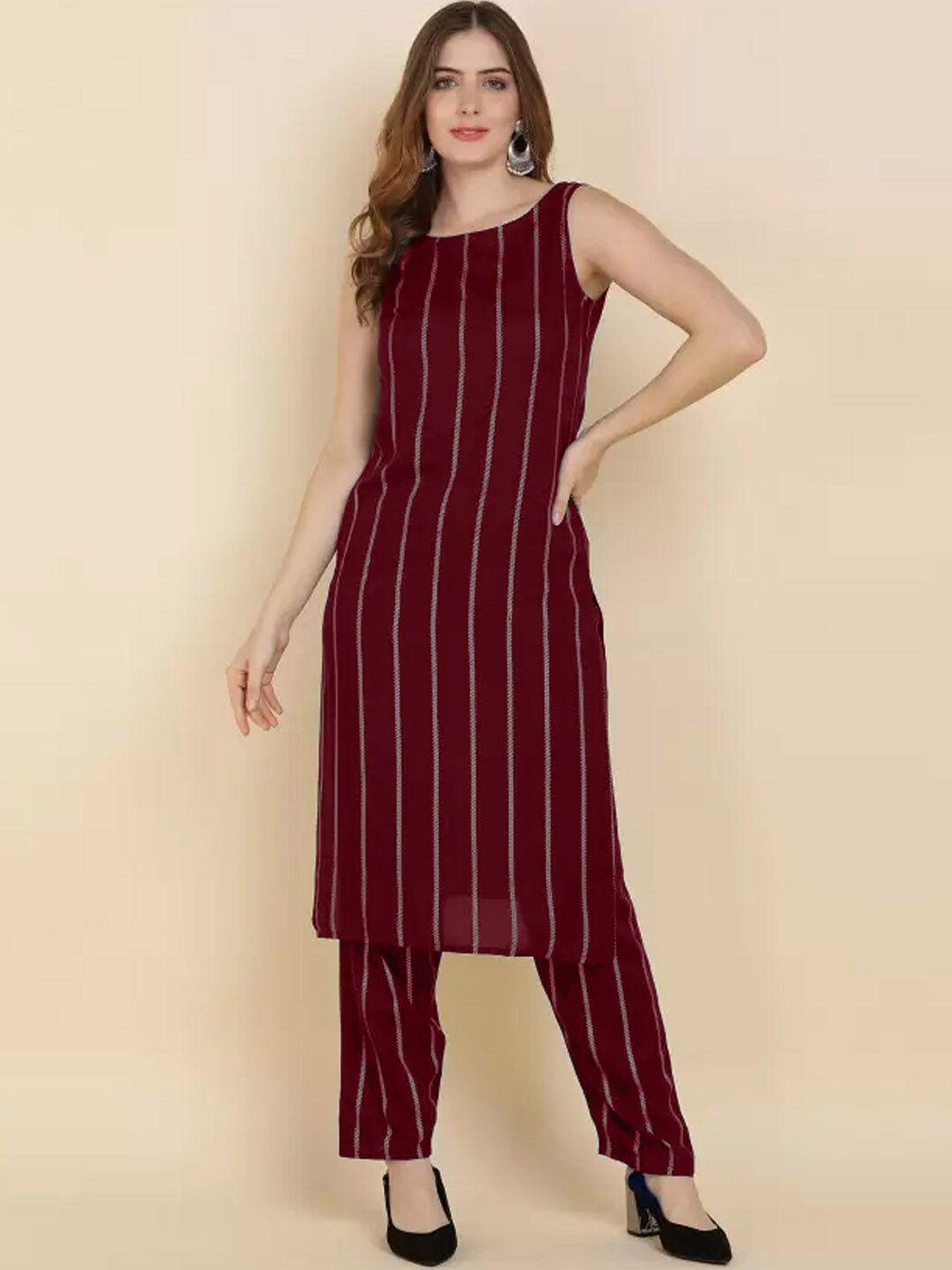 pinfit women maroon striped regular kurta with palazzos