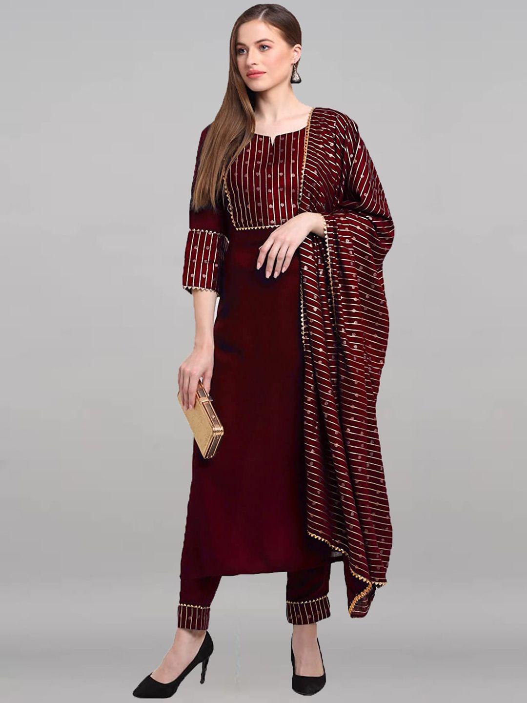 pinfit women maroon yoke design regular gotta patti kurta with palazzos & with dupatta