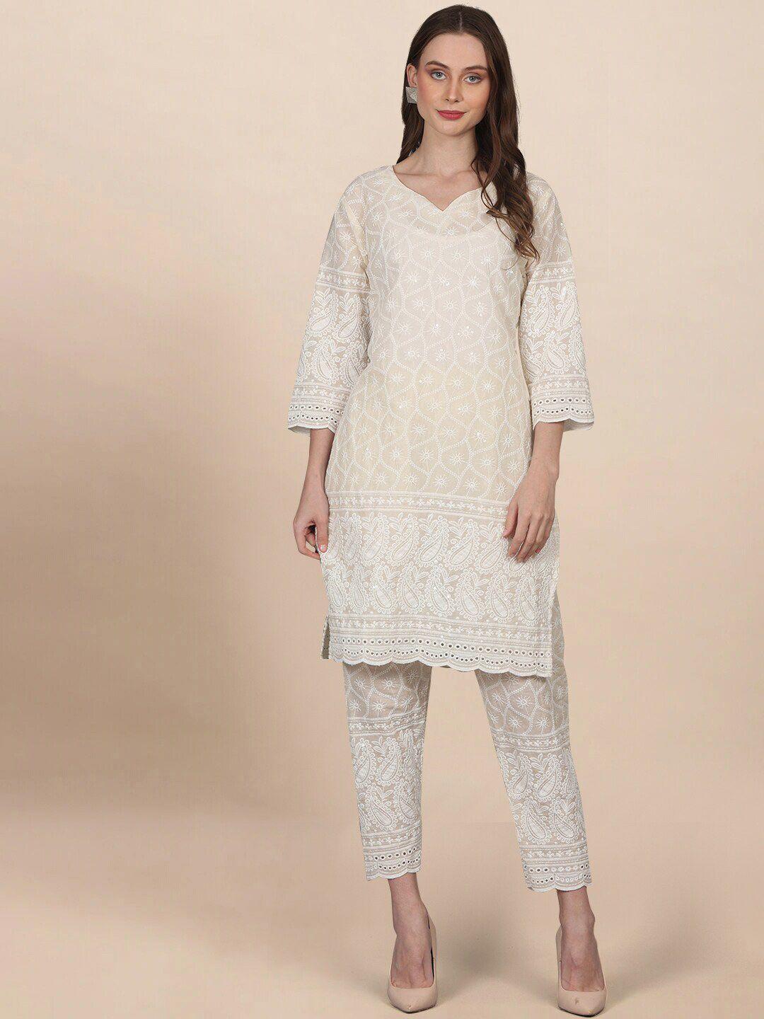 pinfit women white ethnic motifs embroidered regular chikankari pure cotton kurta with palazzos