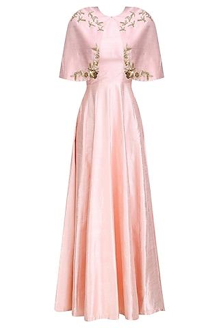 pink  and rose gold birds  and floral work cape  and gown set