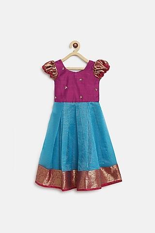 pink & blue dupion hand embroidered pleated dress for girls