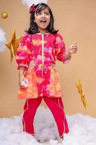 pink & orange cotton satin clouds printed kurta set for girls