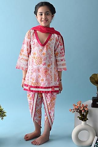 pink & white printed kurta set for girls