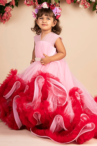 pink & wine ruffled trail gown for girls