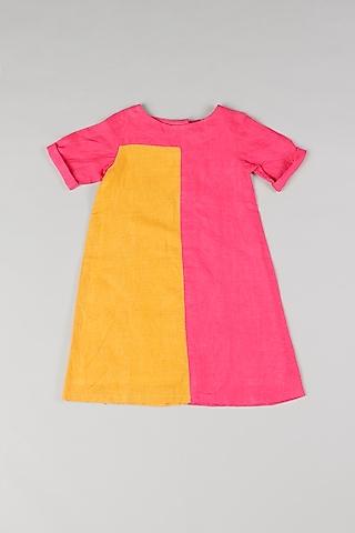 pink & yellow linen color blocked dress for girls