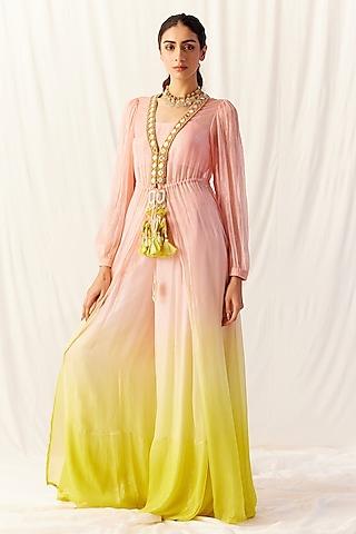 pink & yellow ombre shimmer chiffon mirror embroidered cape set