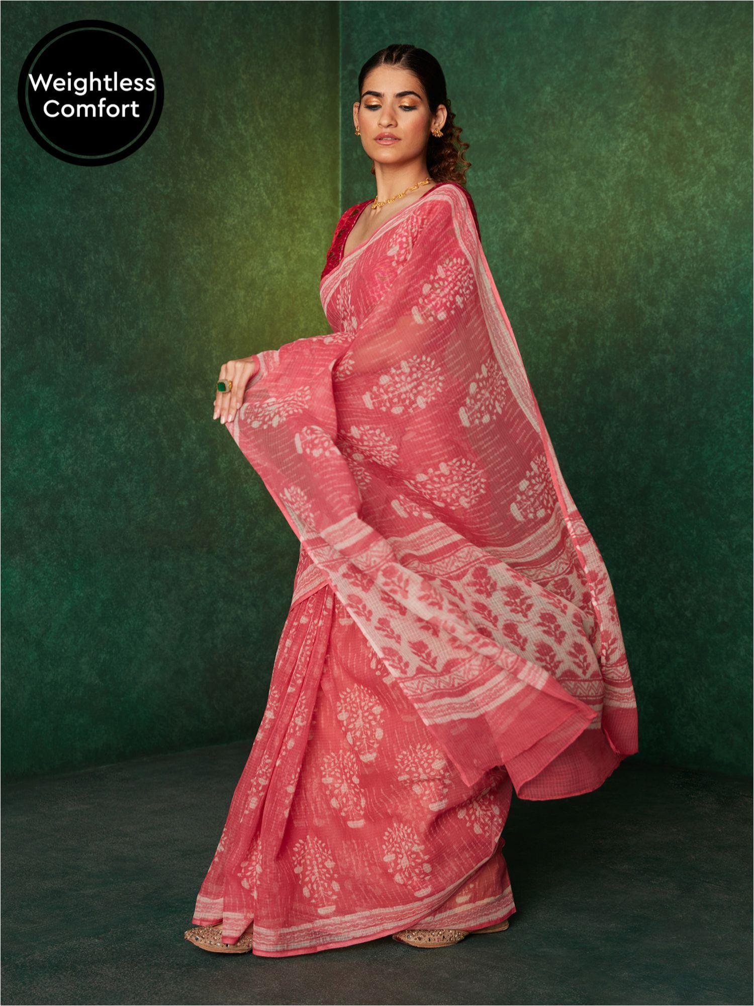 pink 200gms kota doriya handblocked cotton saree with unstitched blouse