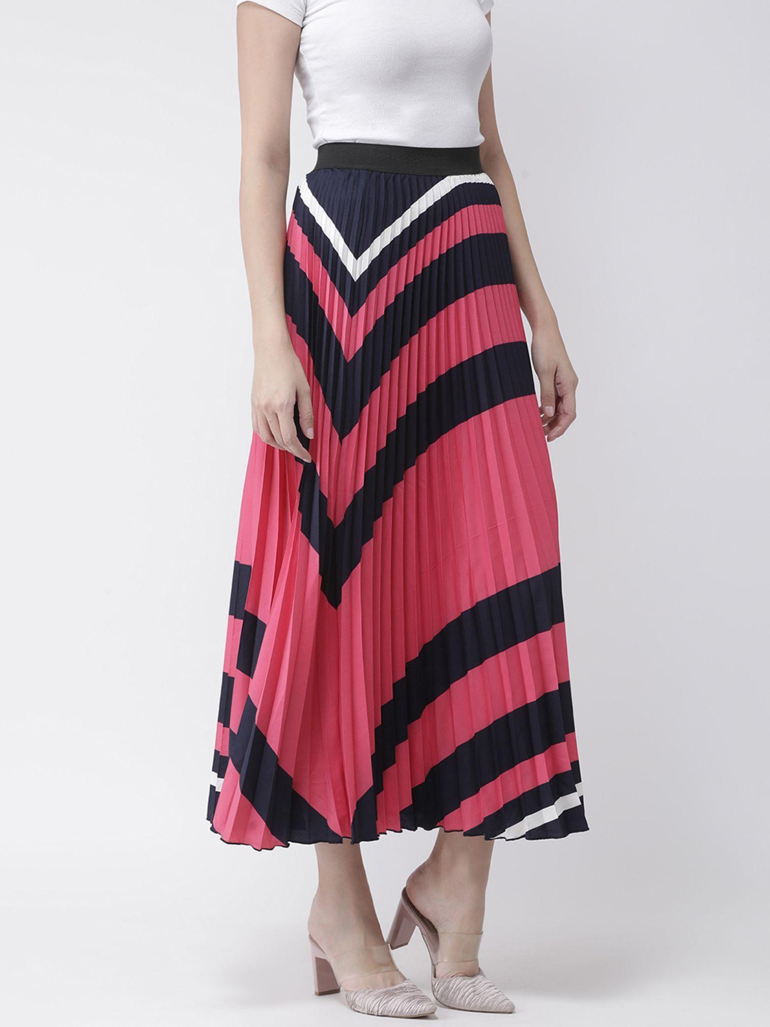 pink and black colour blocked pleated a line skirt