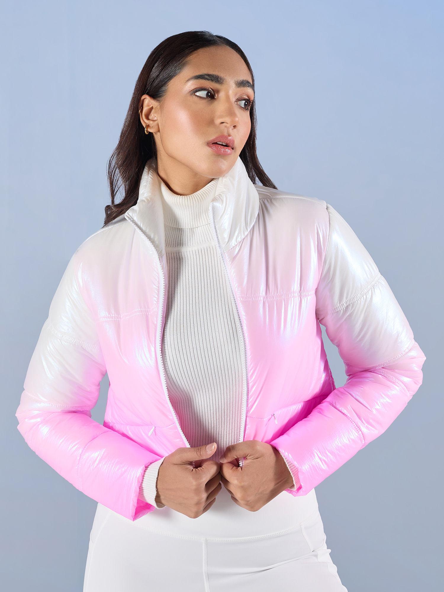 pink and white ombre high neck crop puffer jacket