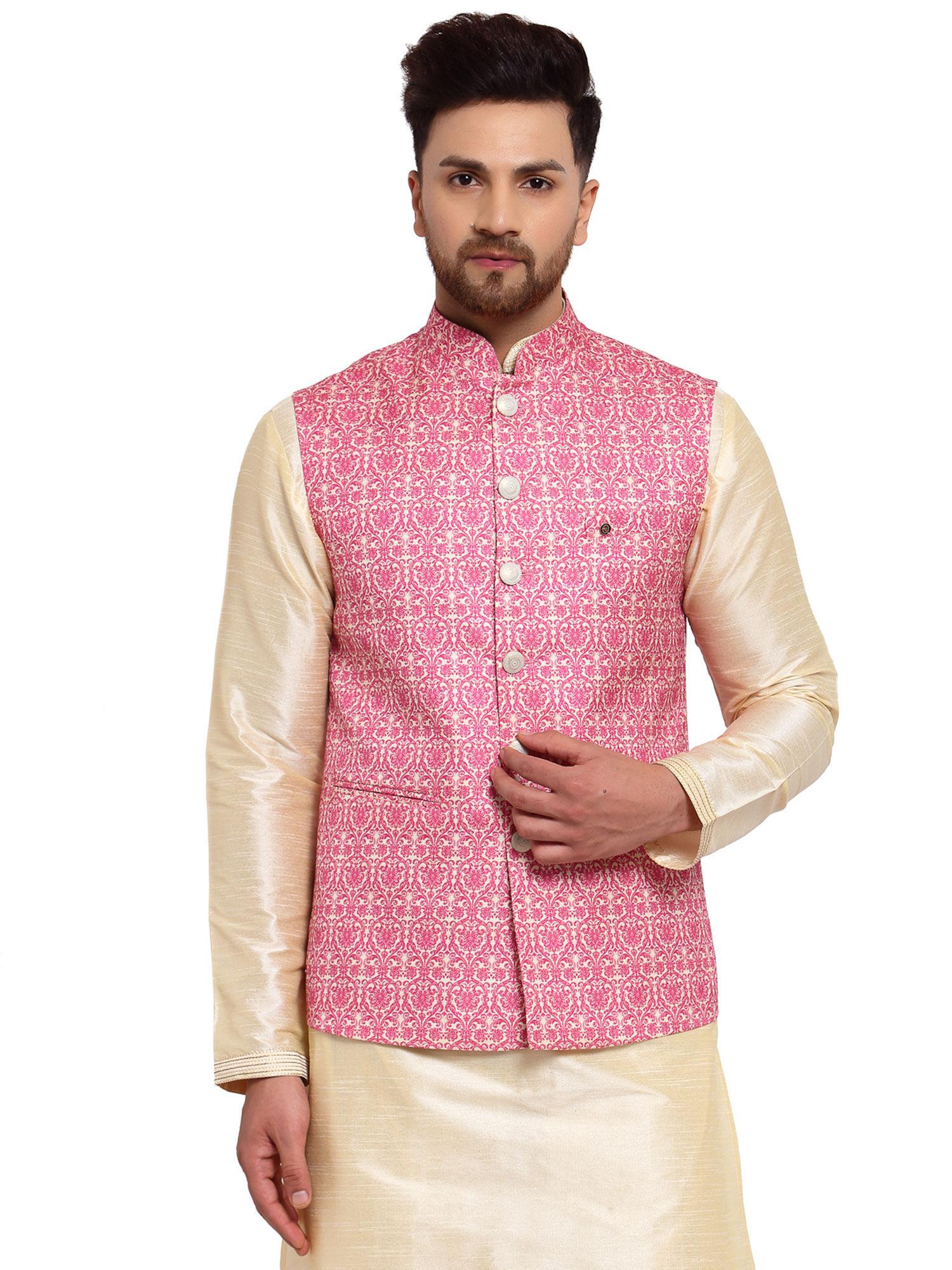 pink art silk printed nehru jacket
